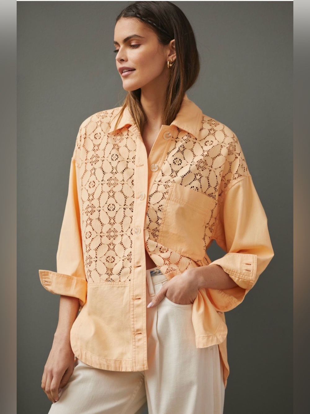 NWT Anthropologie Maeve Lace Shirt Jacket
Peach
Oversized
Boho
Cottagecore
XS